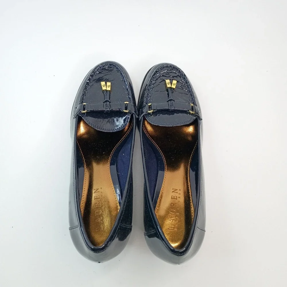 Lauren by Ralph Lauren Rory Navy Patent Leather Wedge Loafer Women Sz 8B Gold RL